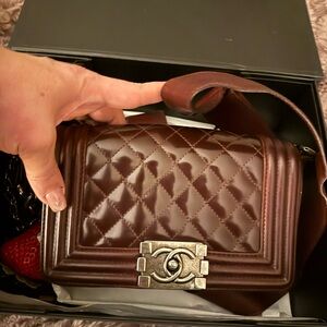 Chanel Le Boy Medium Quilted Cherry 🍒 Brown Leather Bag